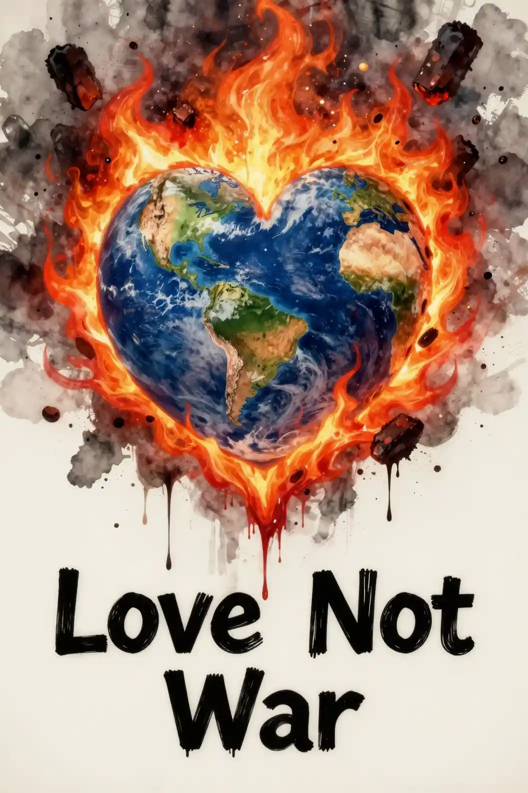 Terra a forma di cuore in fiamme con graffiti Love Not War