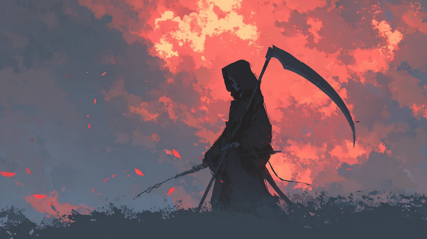 Ceifador em dramática ilustração de fantasia em estilo anime pictórico