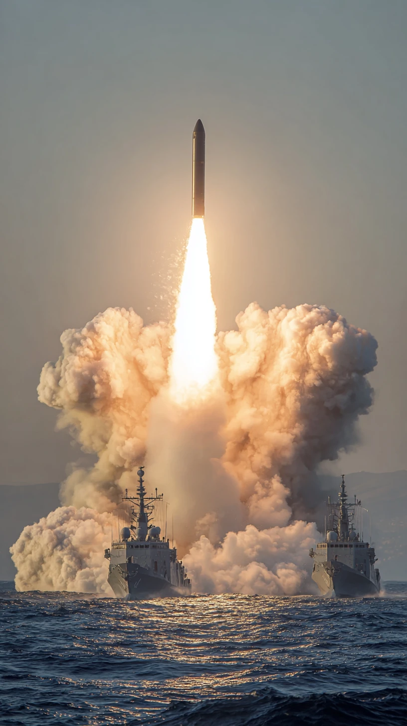 Cinematic scene of multiple missiles launched in warfare