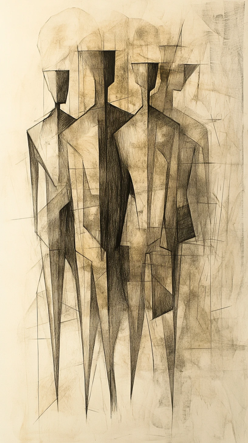 Kubistische Sepia-Zeichnung geometrischer Figuren in einer Stadt