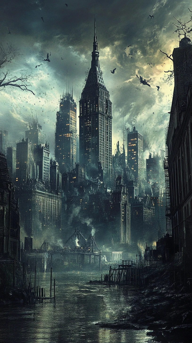 Gotische New Yorker Stadtlandschaft vor einer dunklen, zerstörten Skyline