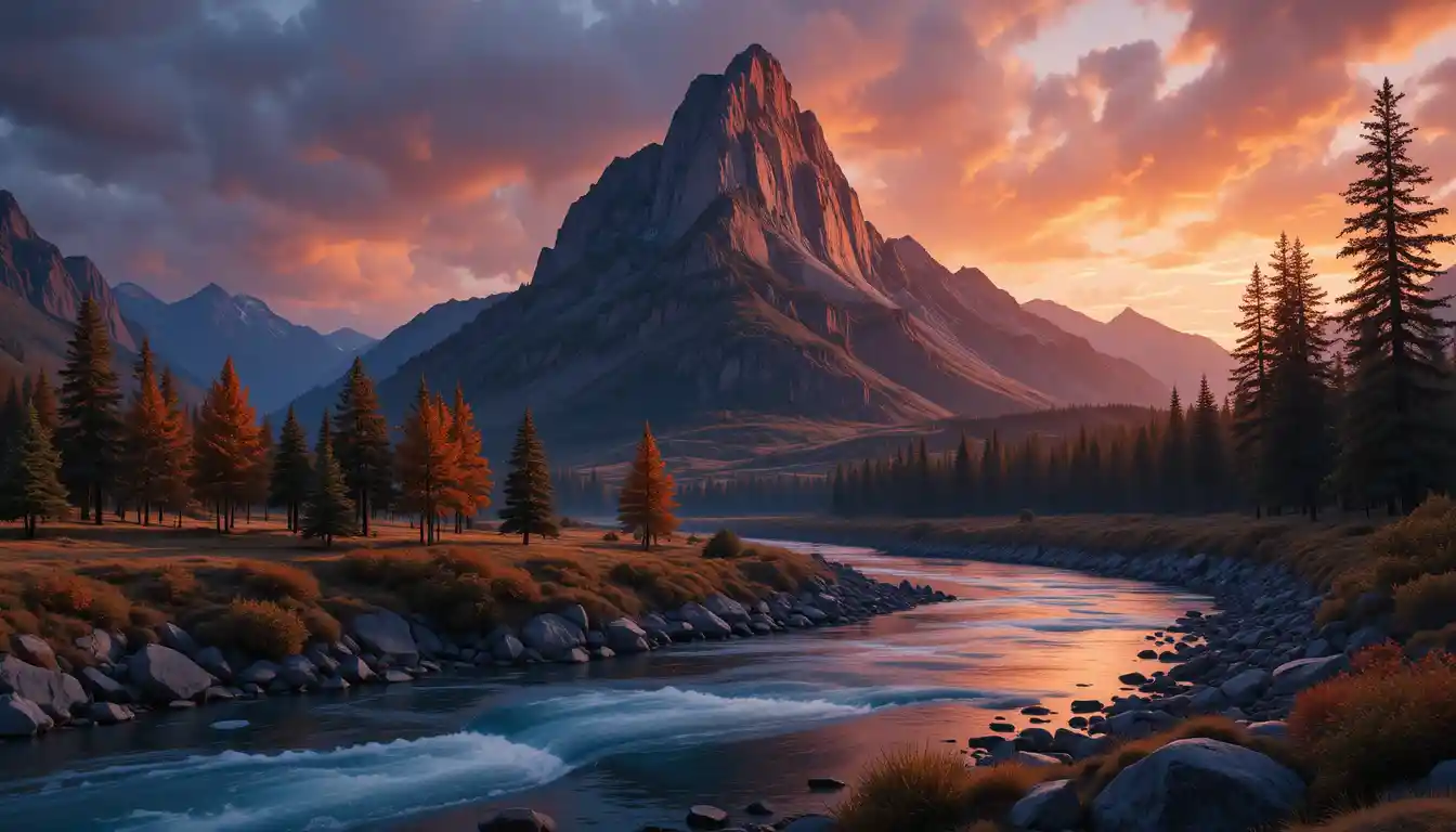 Paisagem de rio de montanha brilhando na luz quente do pôr do sol