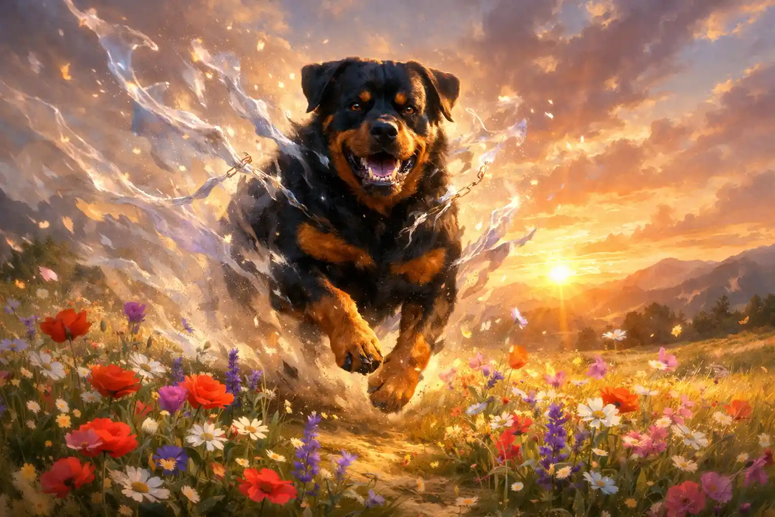 Rottweiler poderoso correndo por um prado de flores silvestres ao pôr do sol
