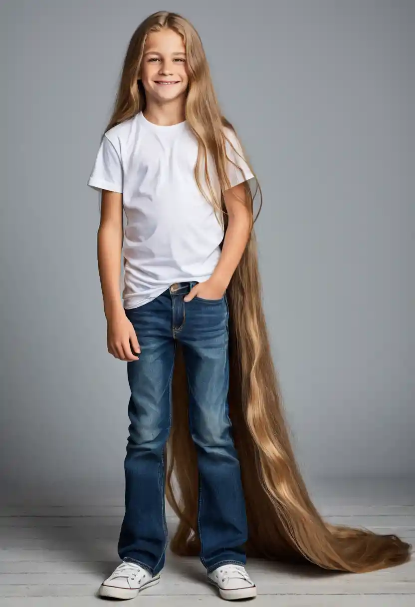 Smiling boy with extremely long wavy hair in side profile