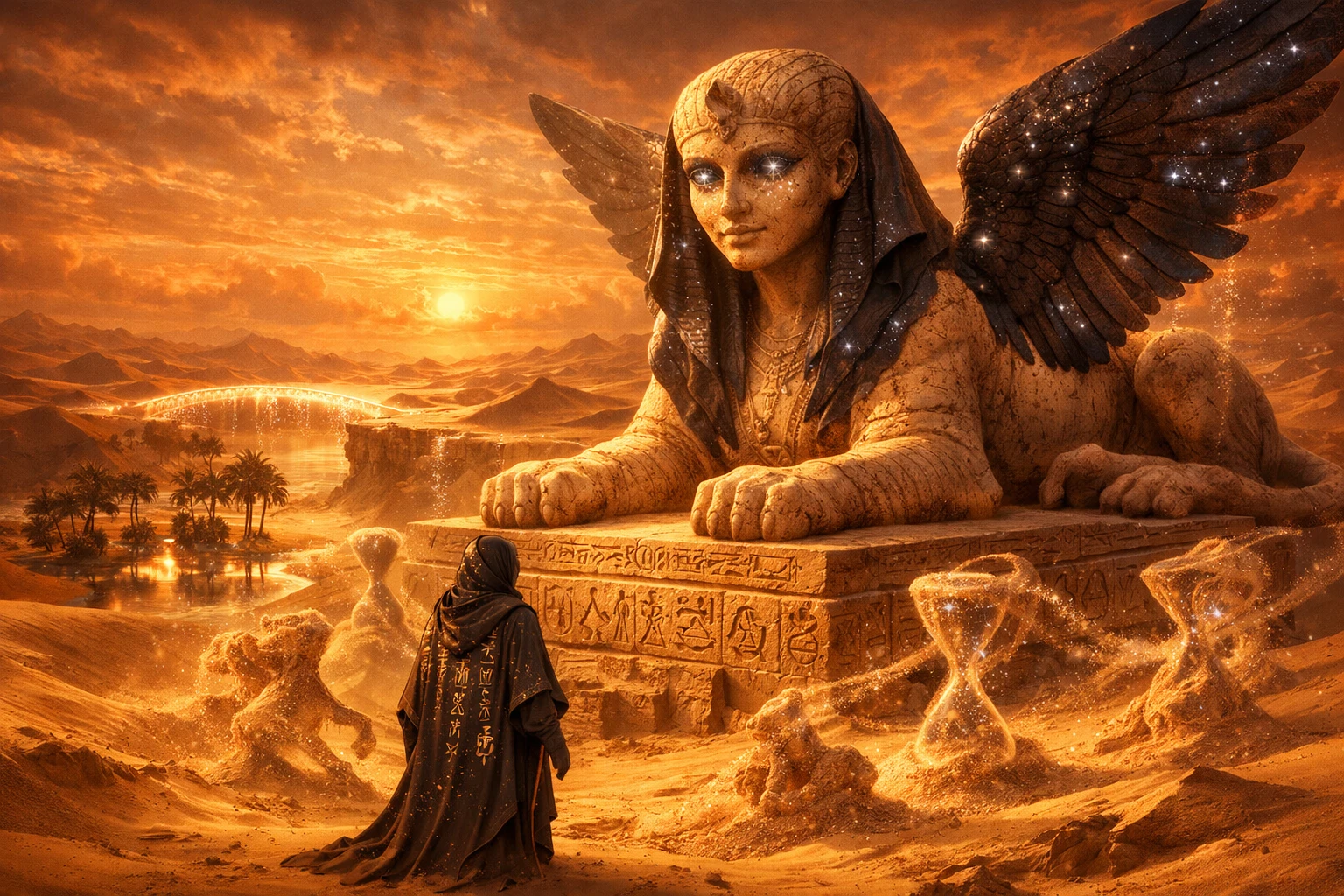 Sphinx ruht in endloser kupferfarbener Wüste bei Sonnenuntergang