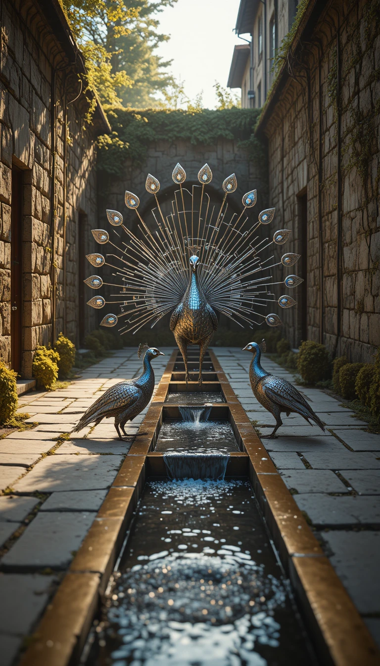Escultura de pavão metálico brilhando em um pátio silencioso