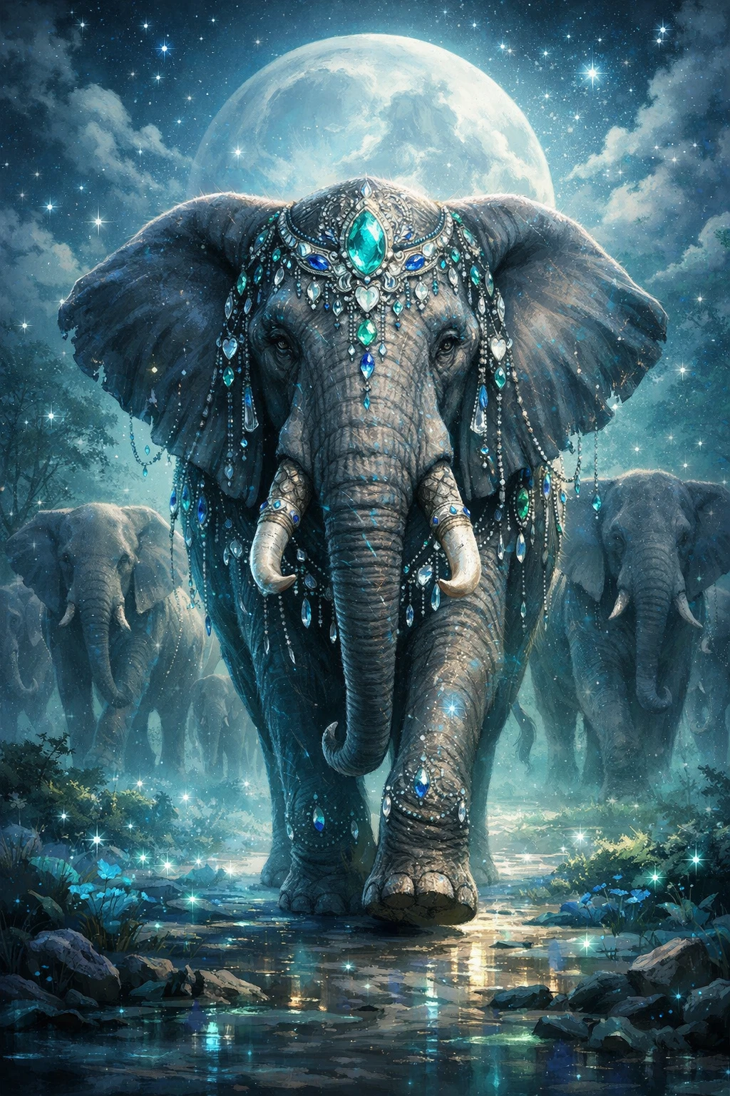 Majestosa matriarca elefante adornada com joias sob o luar