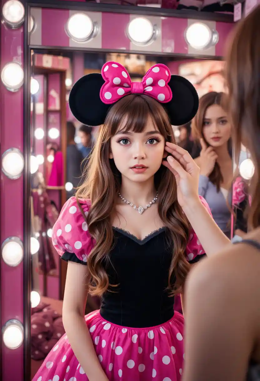 Boy in Minnie dress watching his makeup transformation