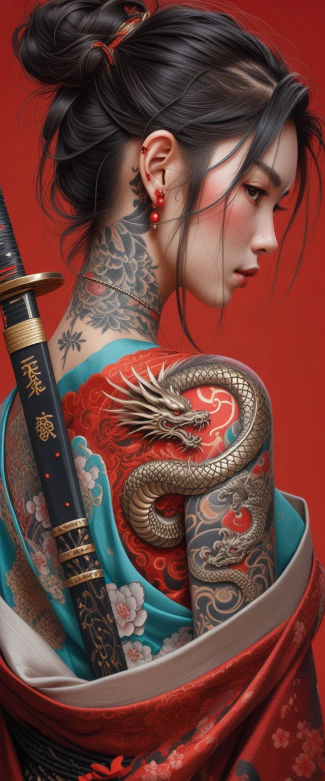 Tätowierte Kriegerin im Kimono mit Katana vor rotem Hintergrund