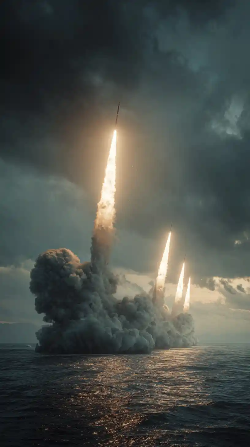 Cinematic scene of missiles launched into the dark sky