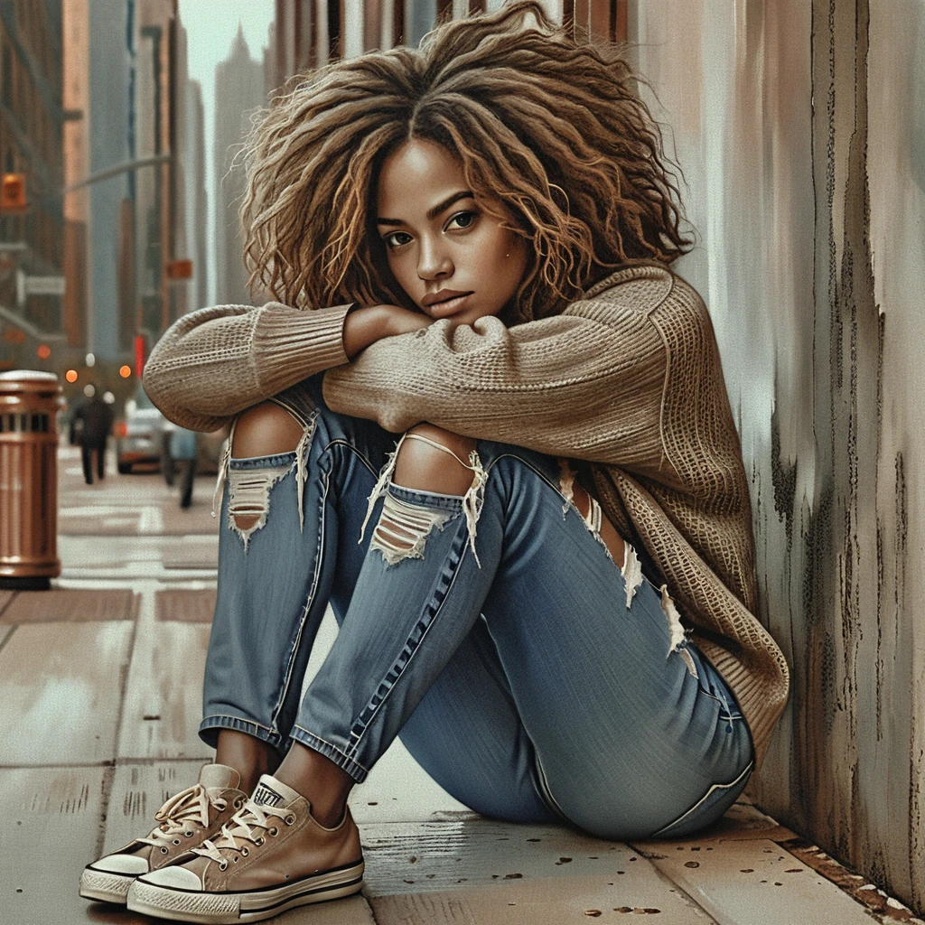 Jovem sentada pensativa junto a um muro urbano desgastado