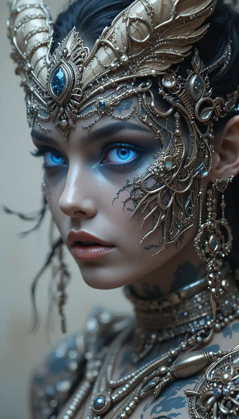 Cinematic portrait of a metallic female demon figure