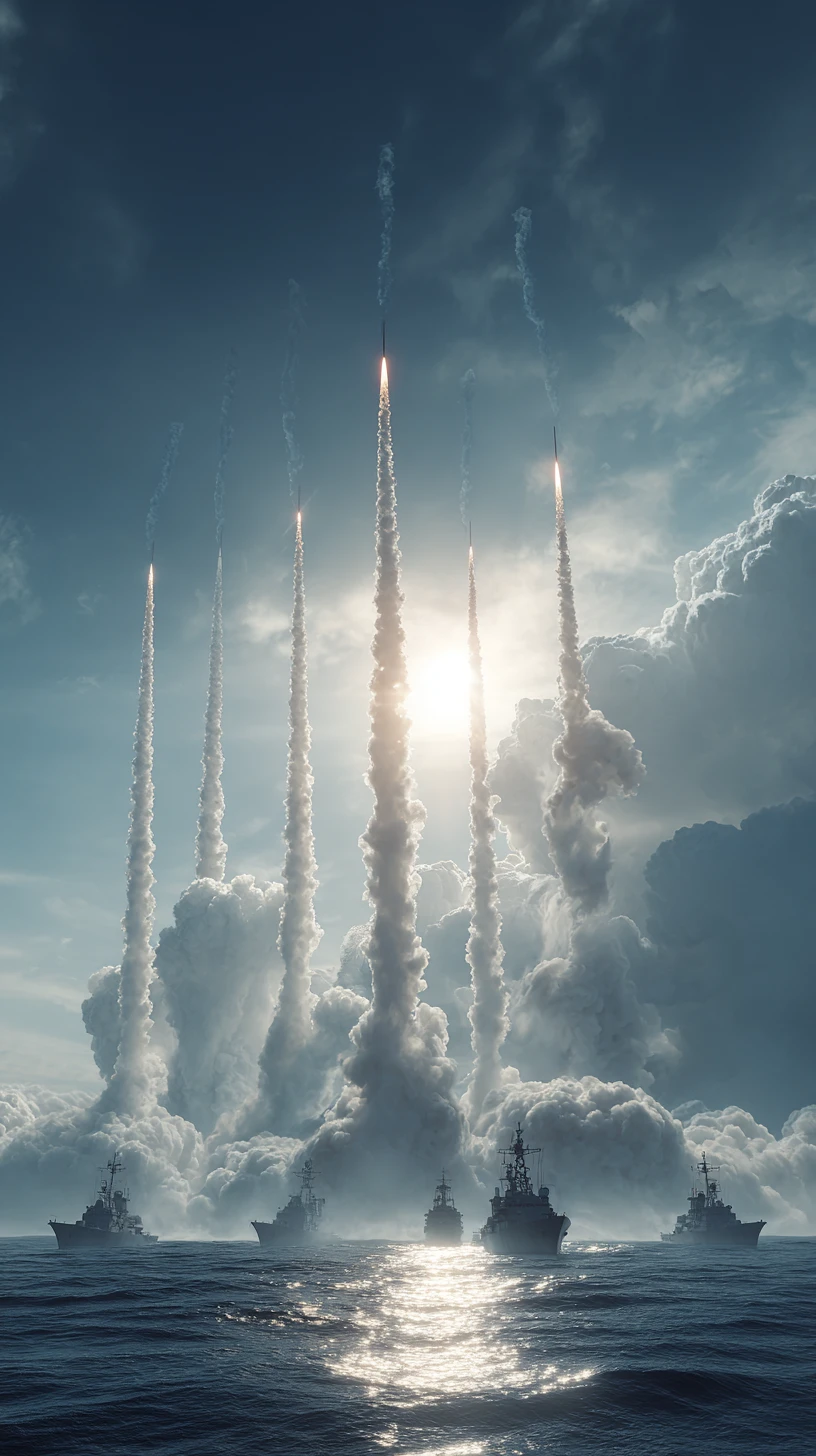 Cinematic scene of multiple missiles launching into the sky