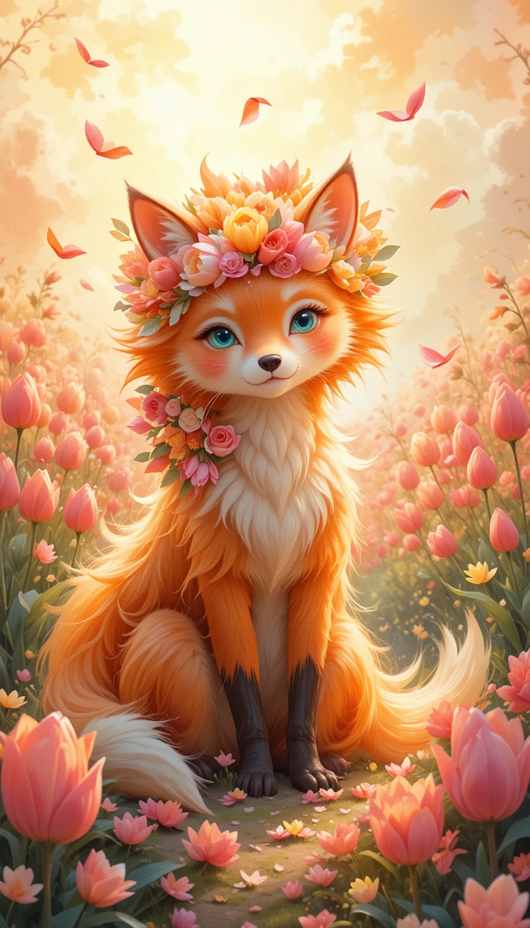 明亮鬱金香花海中的魔法狐之幻獸