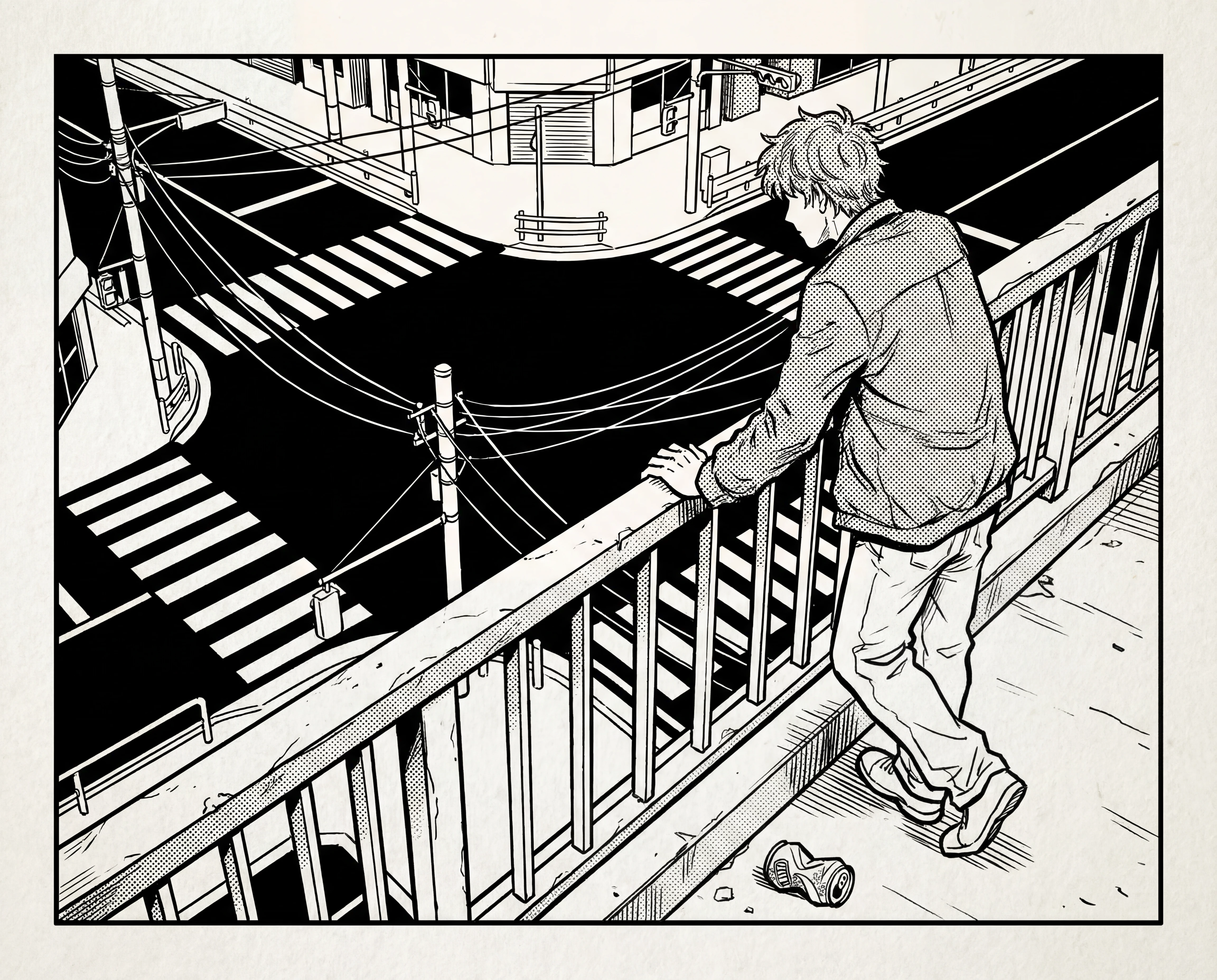 Giovane su cavalcavia in scena urbana manga monocromatica