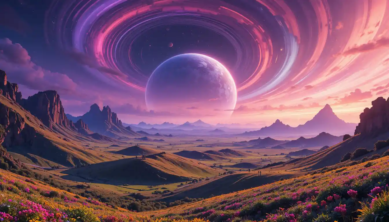 Planète alien colorée avec ciel atmosphérique tourbillonnant
