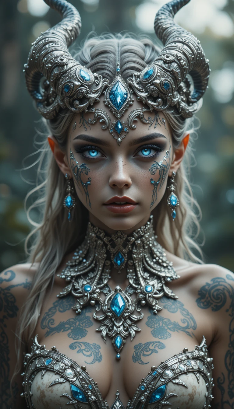 Cinematic close up of a polished silver female demon