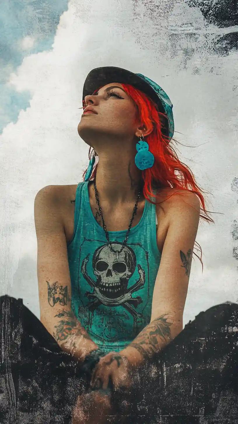Red haired girl in turquoise top with urban double exposure