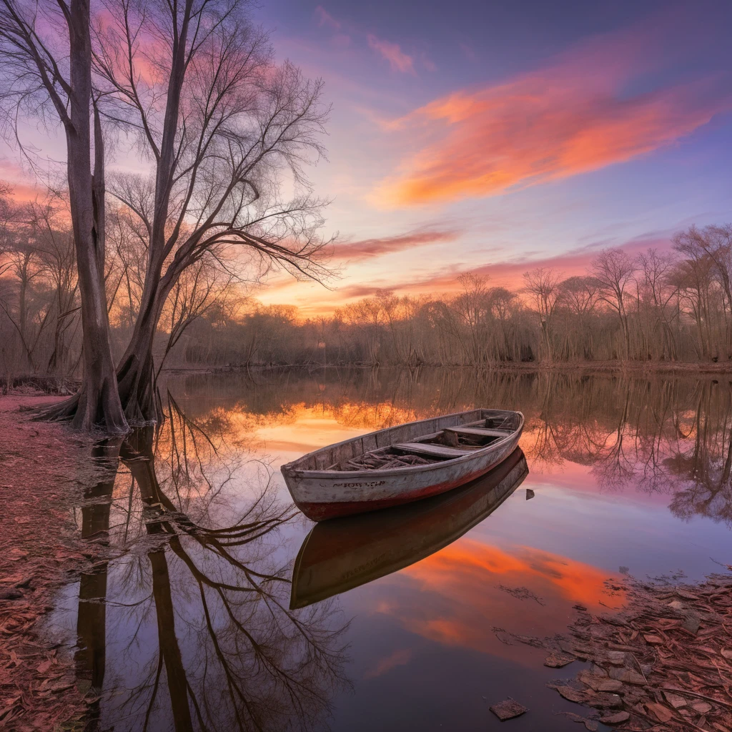 Rio Orinoco ao pôr do sol com barco abandonado e árvores