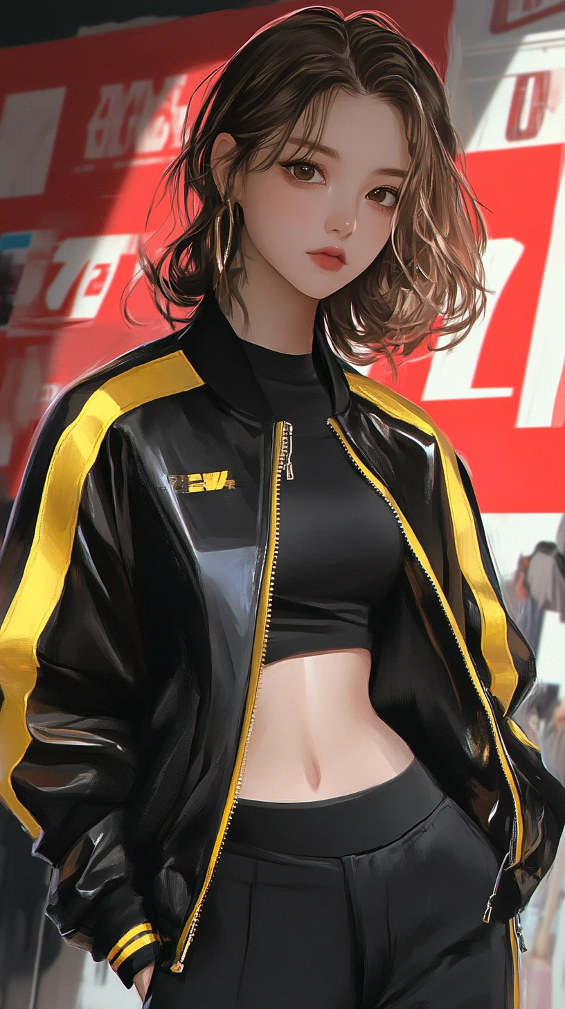 Anime woman in black bomber jacket on graphic cover