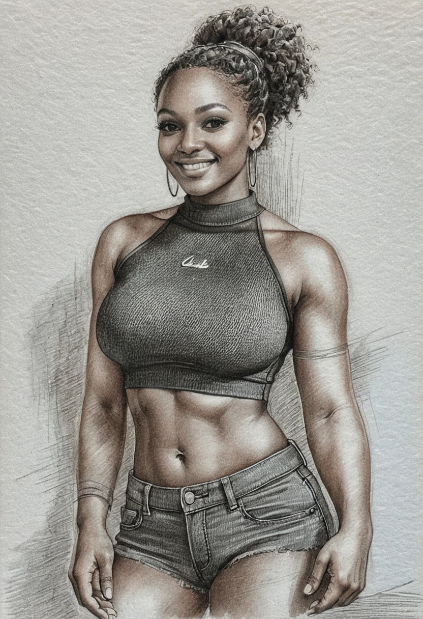 Graphite portrait of smiling black woman in relaxed full body pose