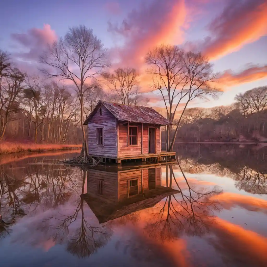 寧靜夕陽下的小屋與樹影潟湖