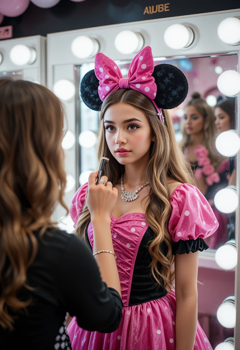 Boy in Minnie Mouse dress getting makeup in boutique