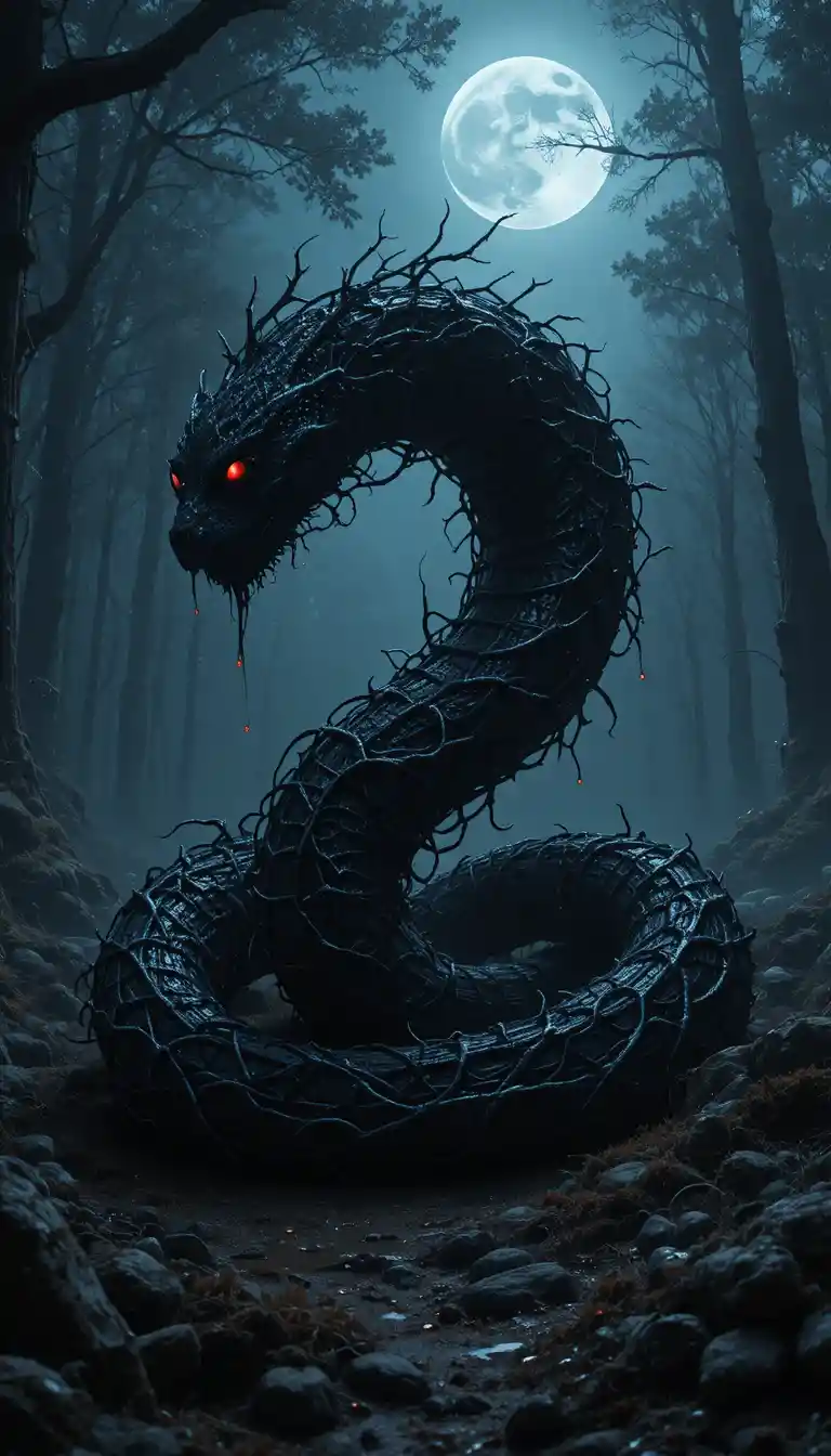 Serpent Of Black Thorns Coiled In A Moonlit Forest