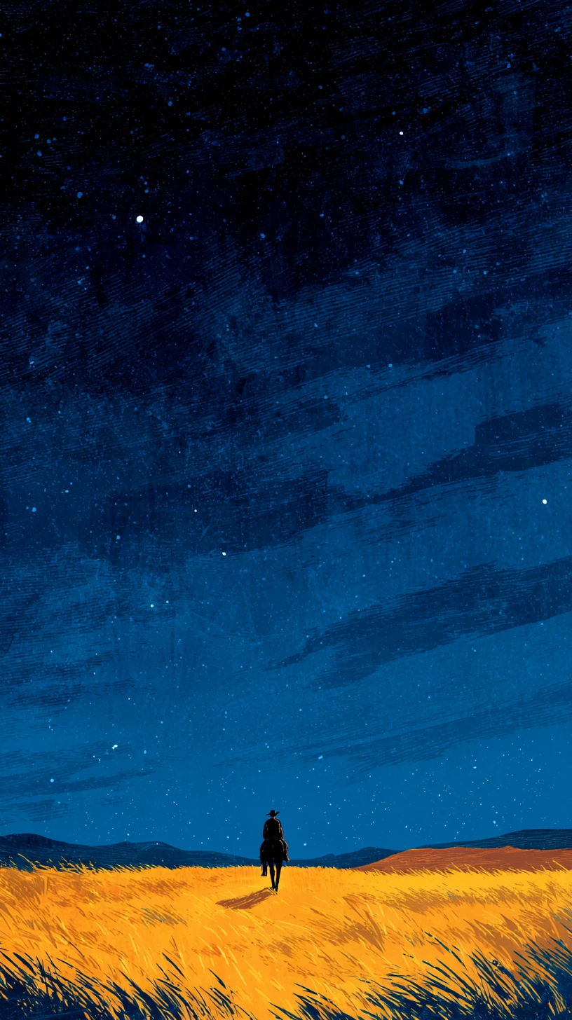 Traveler and horse in silhouette under a vast starry sky