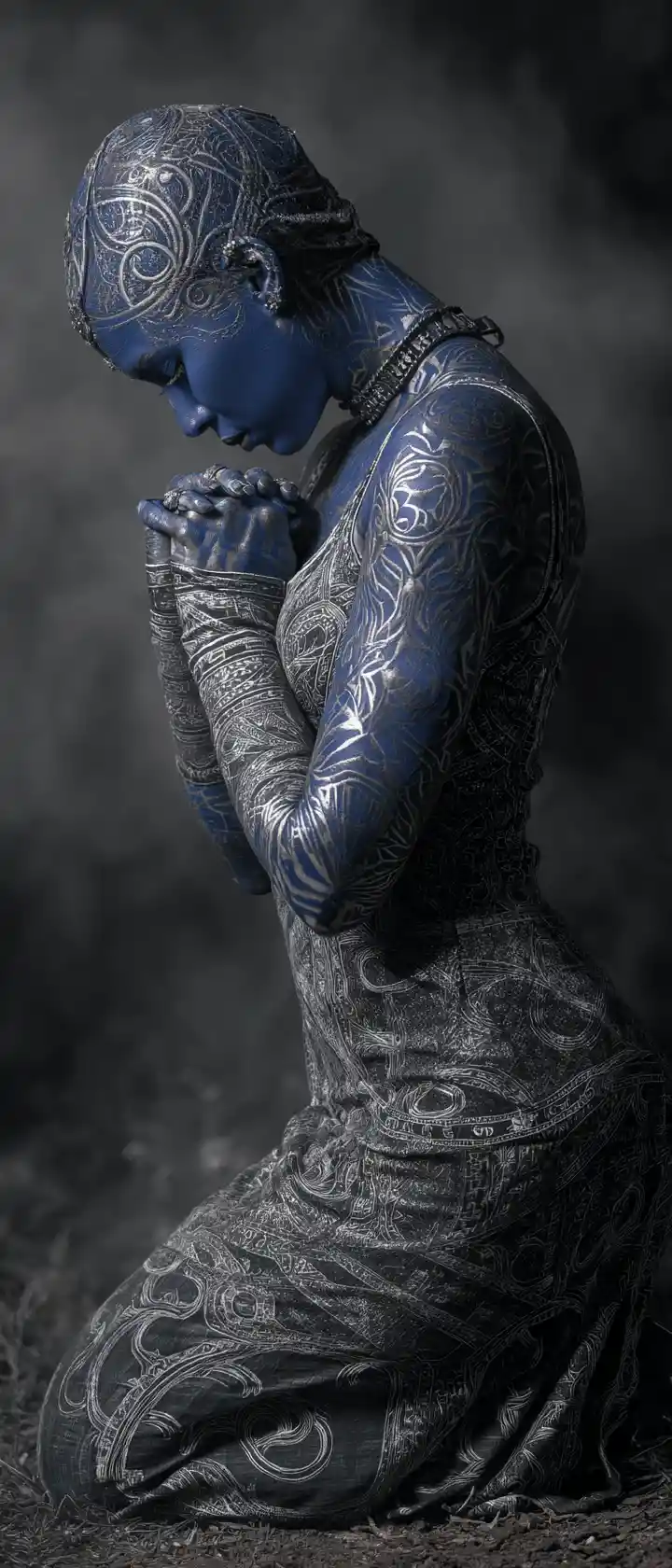 Femme à la peau bleue avec peinture corporelle celtique, agenouillée solennellement