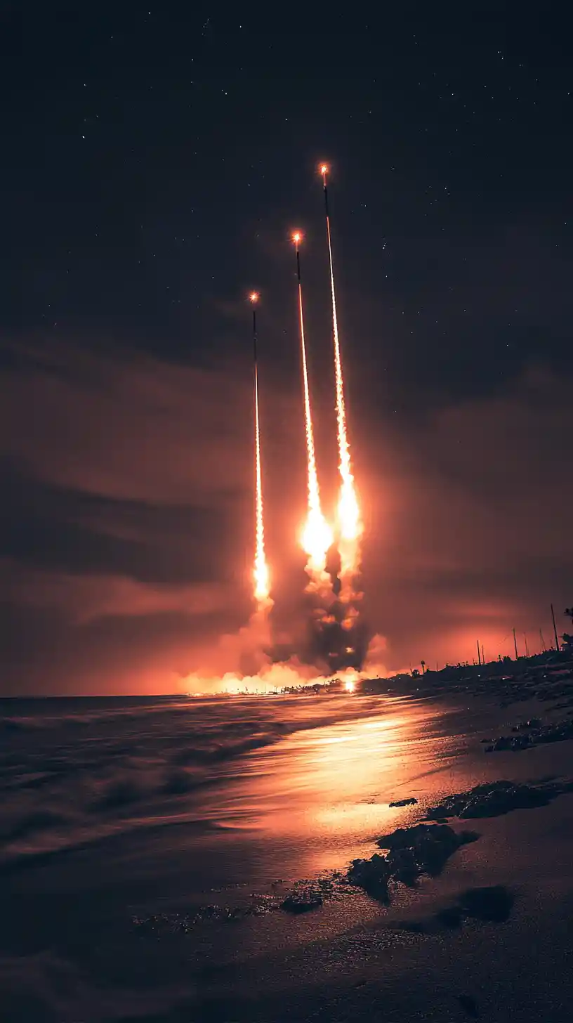 Cinematic scene of multiple missiles launched in battle