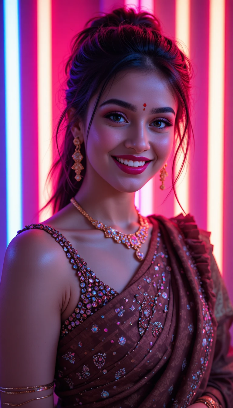 Ragazza indiana gioiosa in sari con strass e luce al neon