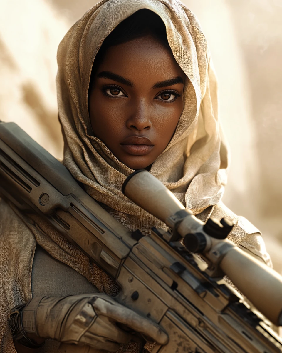 Sudanese female sniper watching the desert horizon