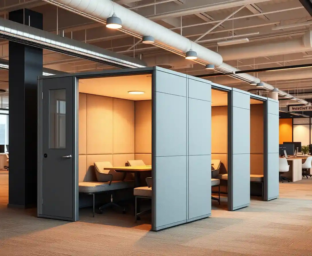 Modular acoustic office pods in a warm open plan workspace