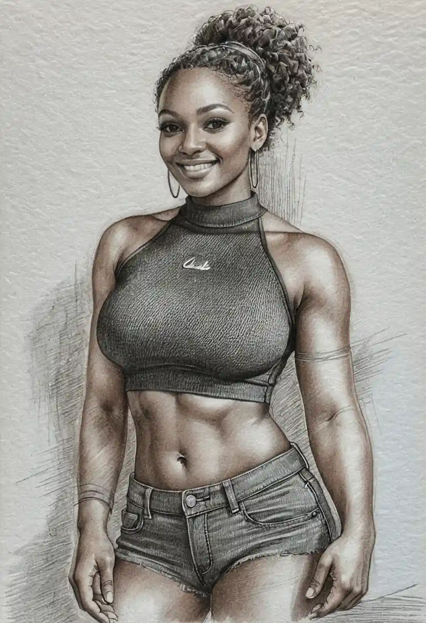 Graphite portrait of smiling black woman in relaxed full body pose