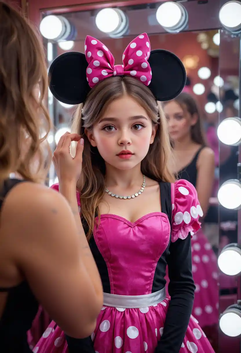 Young boy in Minnie dress getting makeup in dressing room