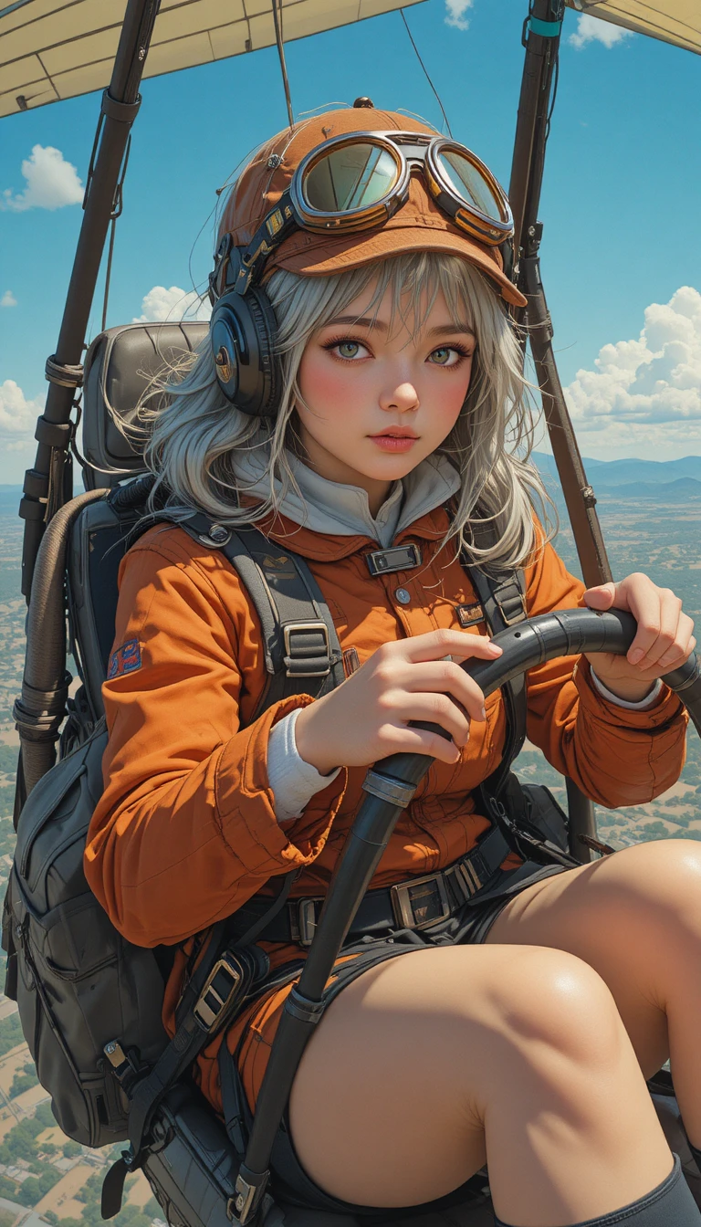 Garota pilotando um asa-delta em um vasto céu de ficção científica