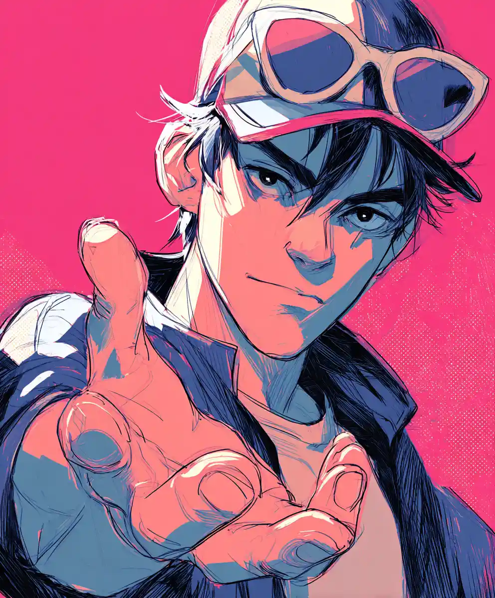 Garoto de anime estendendo a mão diante de fundo colorido e marcante