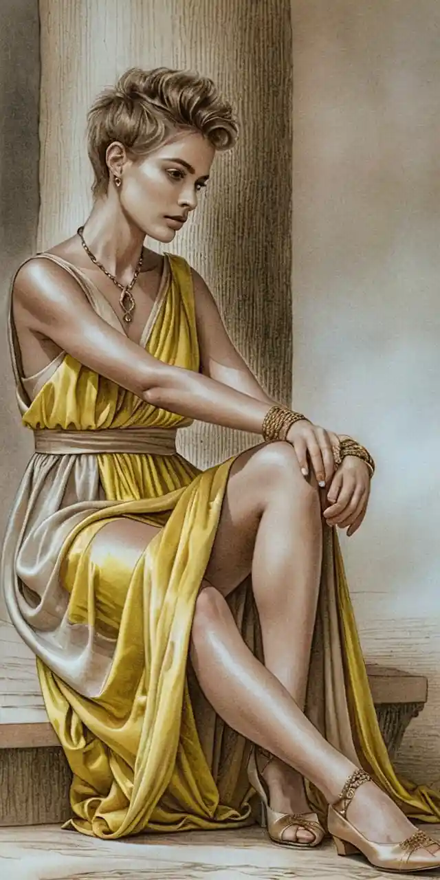Elegant woman in draped dress seated on aged stone steps