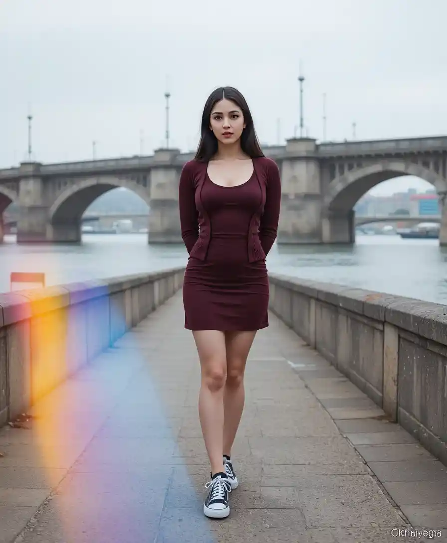Young woman in red dress by a city waterfront