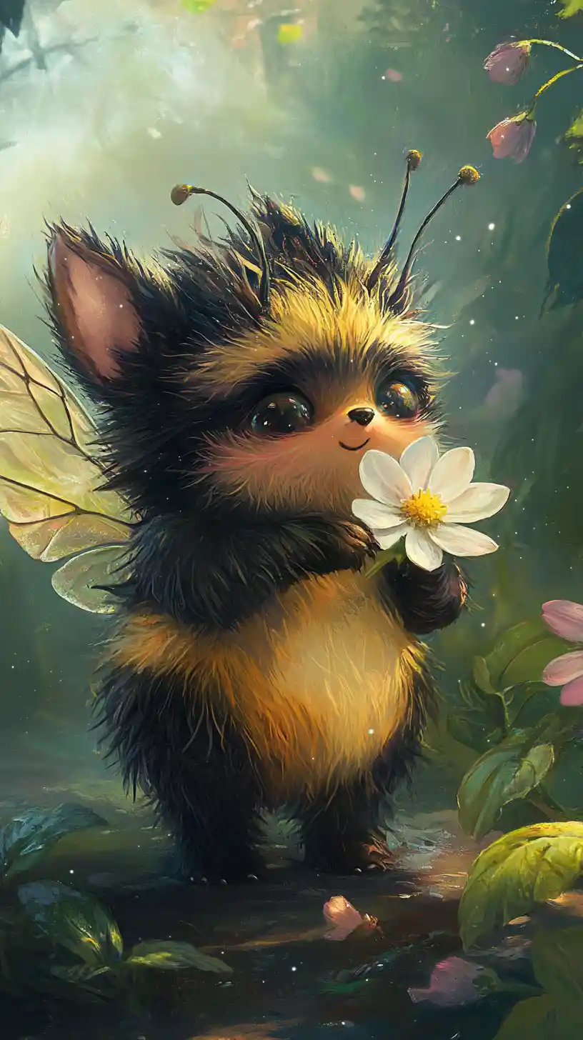 Cute fluffy cartoon bee holding a delicate flower