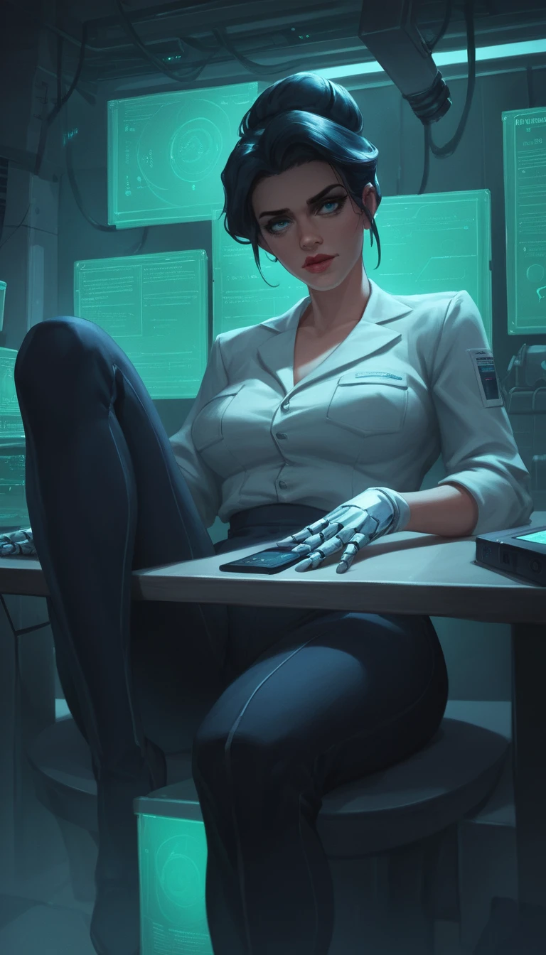 Mulher na mesa de cirurgia em cena futurista de operação cerebral