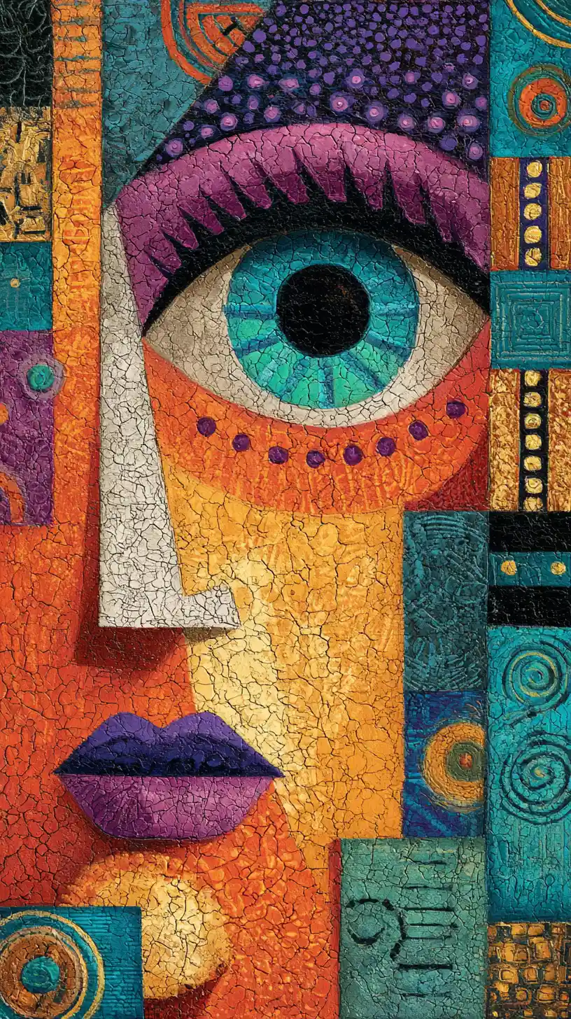 Portrait cubiste coloré avec œil turquoise central et mosaïques