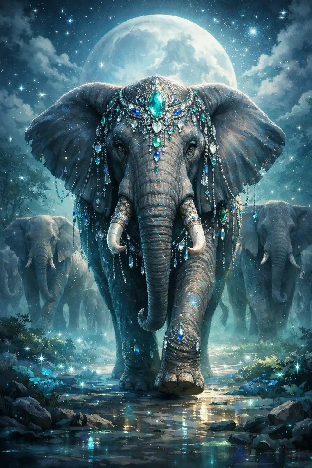 Majestosa matriarca elefante adornada com joias sob o luar