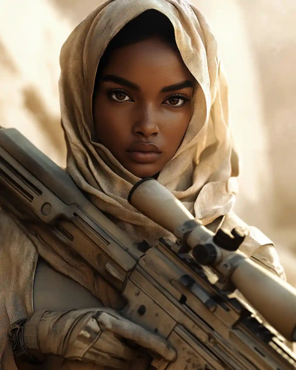 Sudanese female sniper watching the desert horizon