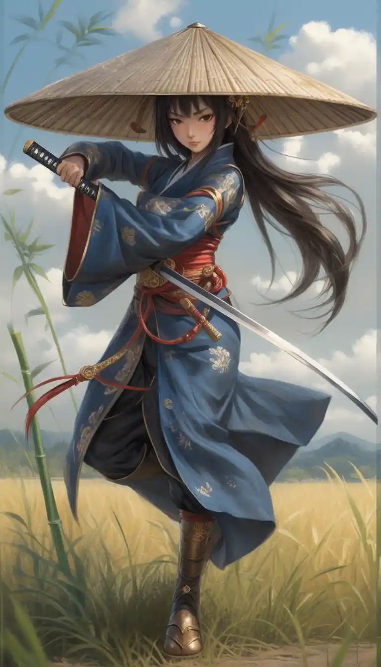 Samurai donna in stile anime che sfodera la katana nelle praterie ventose