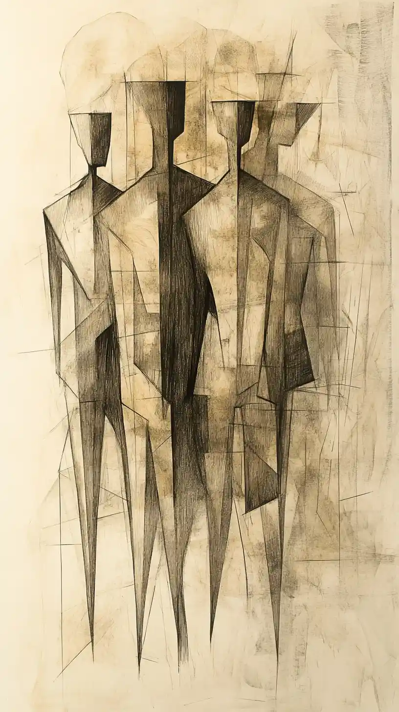 Disegno cubista seppia di figure geometriche in una città