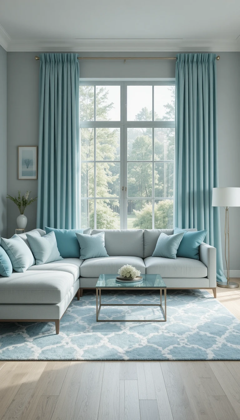 Minimalistisches Wohnzimmer in Petrol mit Sofa und gläsernem Couchtisch