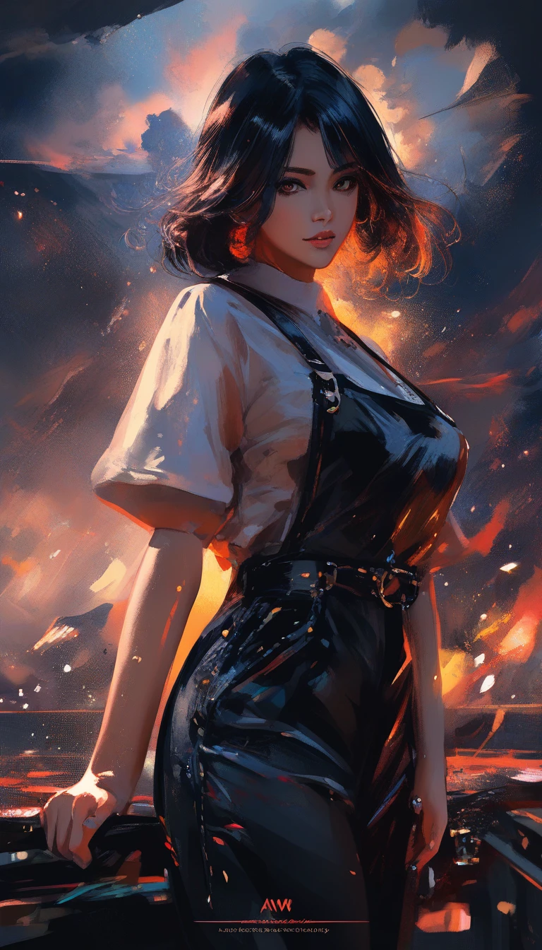 Bella donna in stile anime accanto a un imponente mietitore