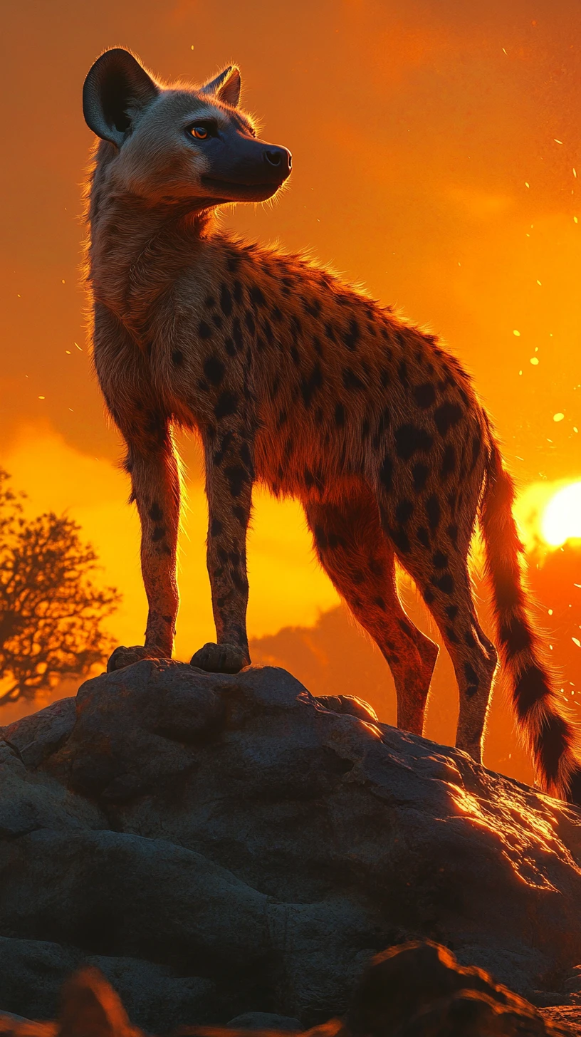 Spotted hyena on rocky outcrop at sunset over savannah